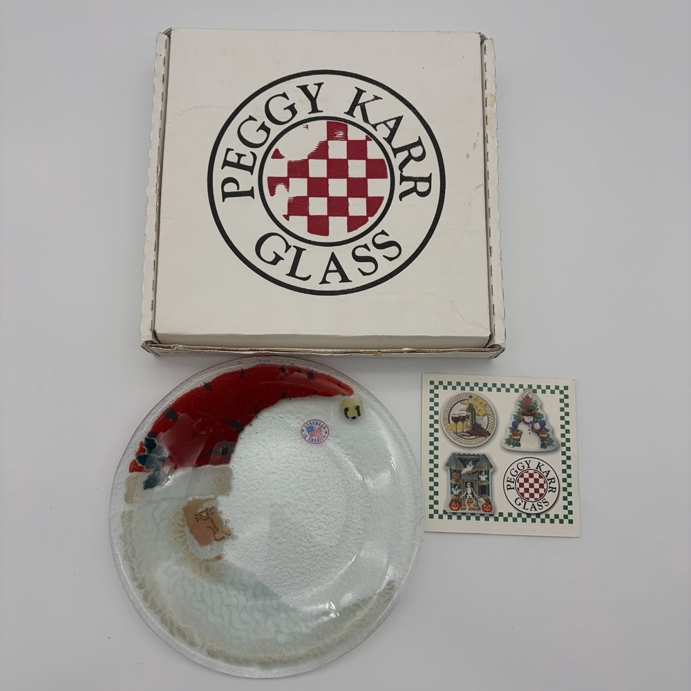Vintage Peggy Karr St. Nick Santa Fused Art Glass 7.75" Round Plate with Box